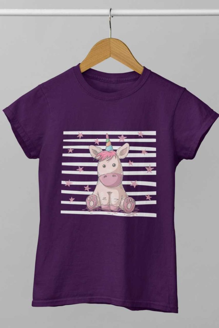 Unicorn sitting with stars purple tshirt