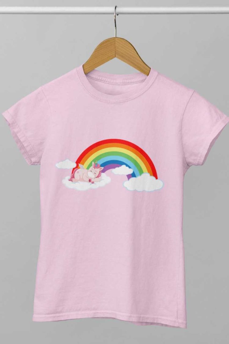 Pink Unicorn on cloud with rainbow Light pink tshirt