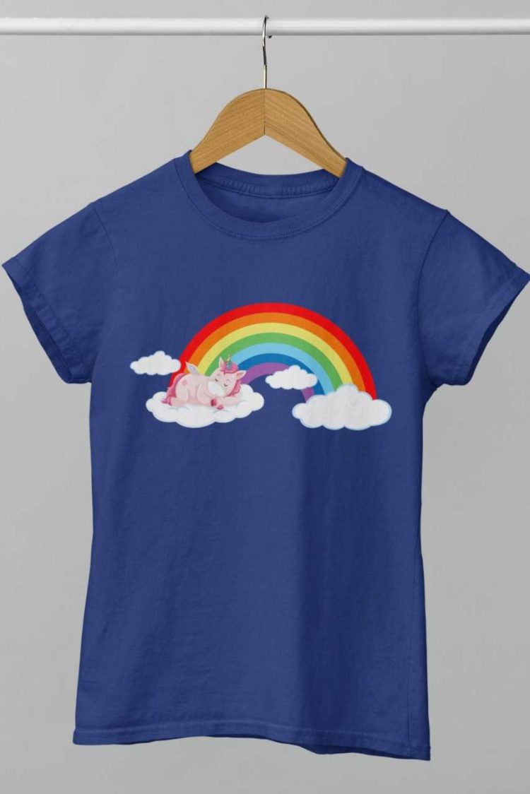 Pink Unicorn on cloud with rainbow deep blue tshirt