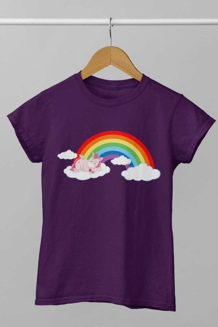 Pink Unicorn on cloud with rainbow purple tshirt