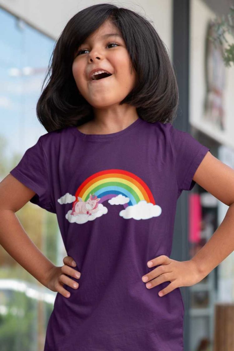 cute girl in Pink Unicorn on cloud with rainbow purple tshirt