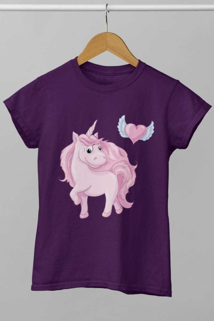 Purple tshirt with Pink Unicorn with heart with wings