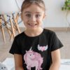 beautiful girl in black tshirt with Pink Unicorn with heart with wings