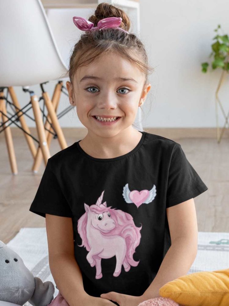 beautiful girl in black tshirt with Pink Unicorn with heart with wings