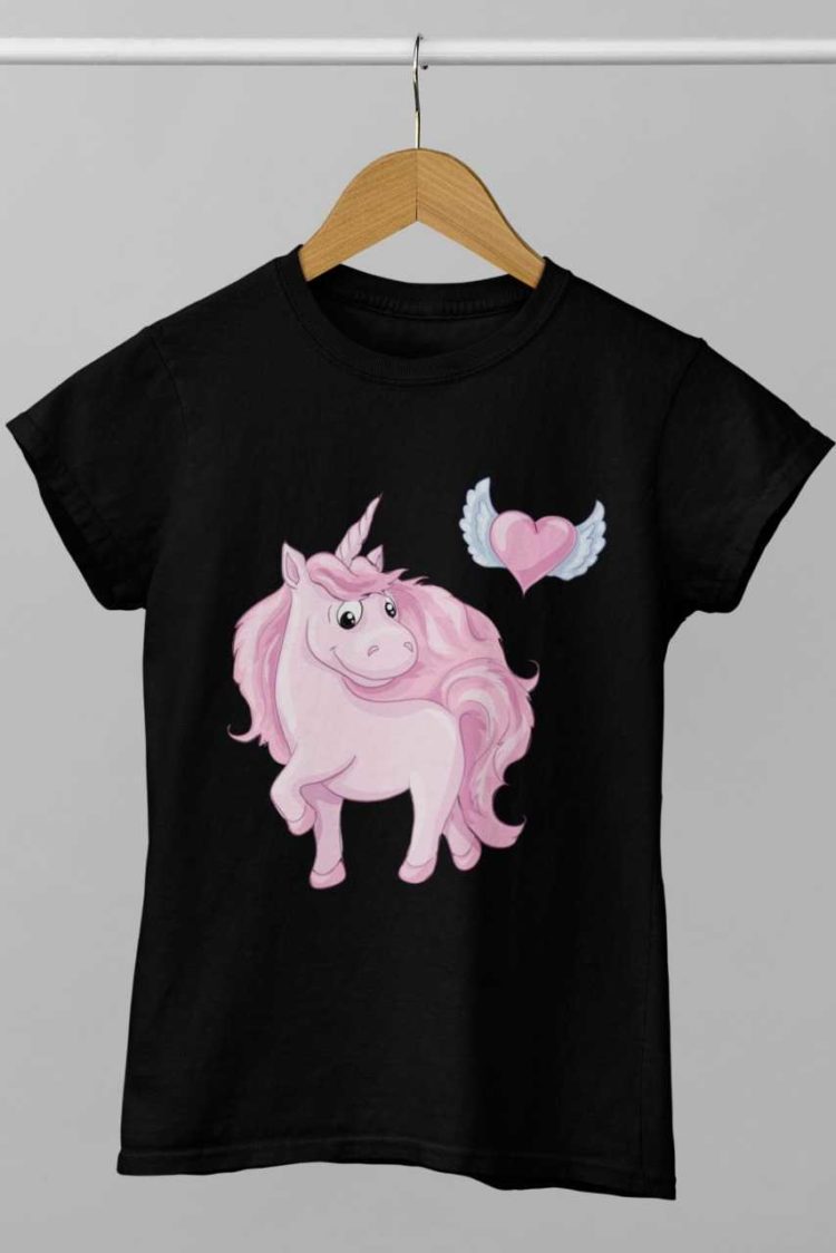 black tshirt with Pink Unicorn with heart with wings