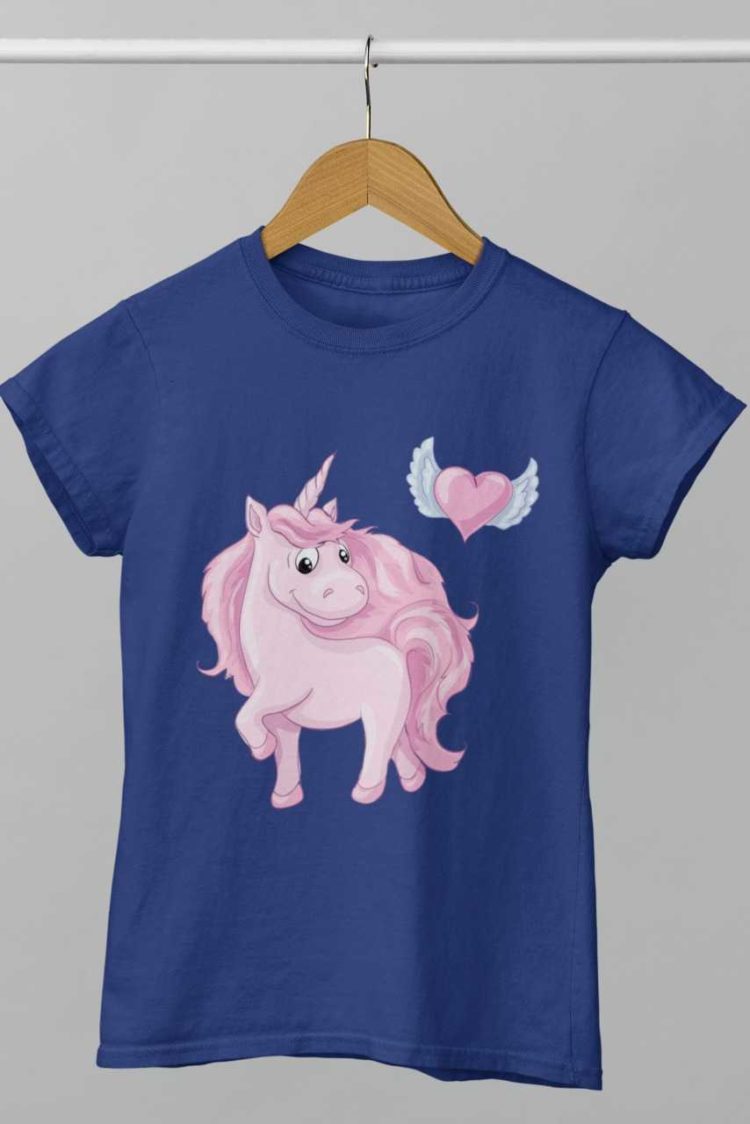 deep blue tshirt with Pink Unicorn with heart with wings