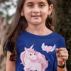 pretty girl in deep blue tshirt with Pink Unicorn with heart with wings