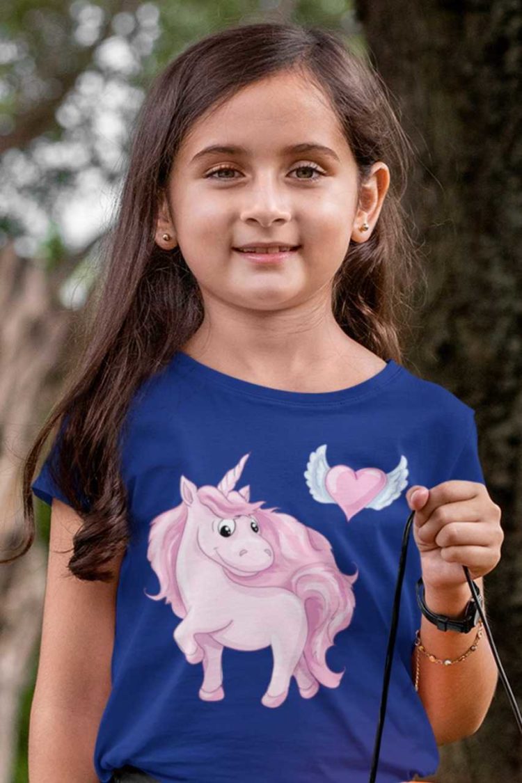 pretty girl in deep blue tshirt with Pink Unicorn with heart with wings