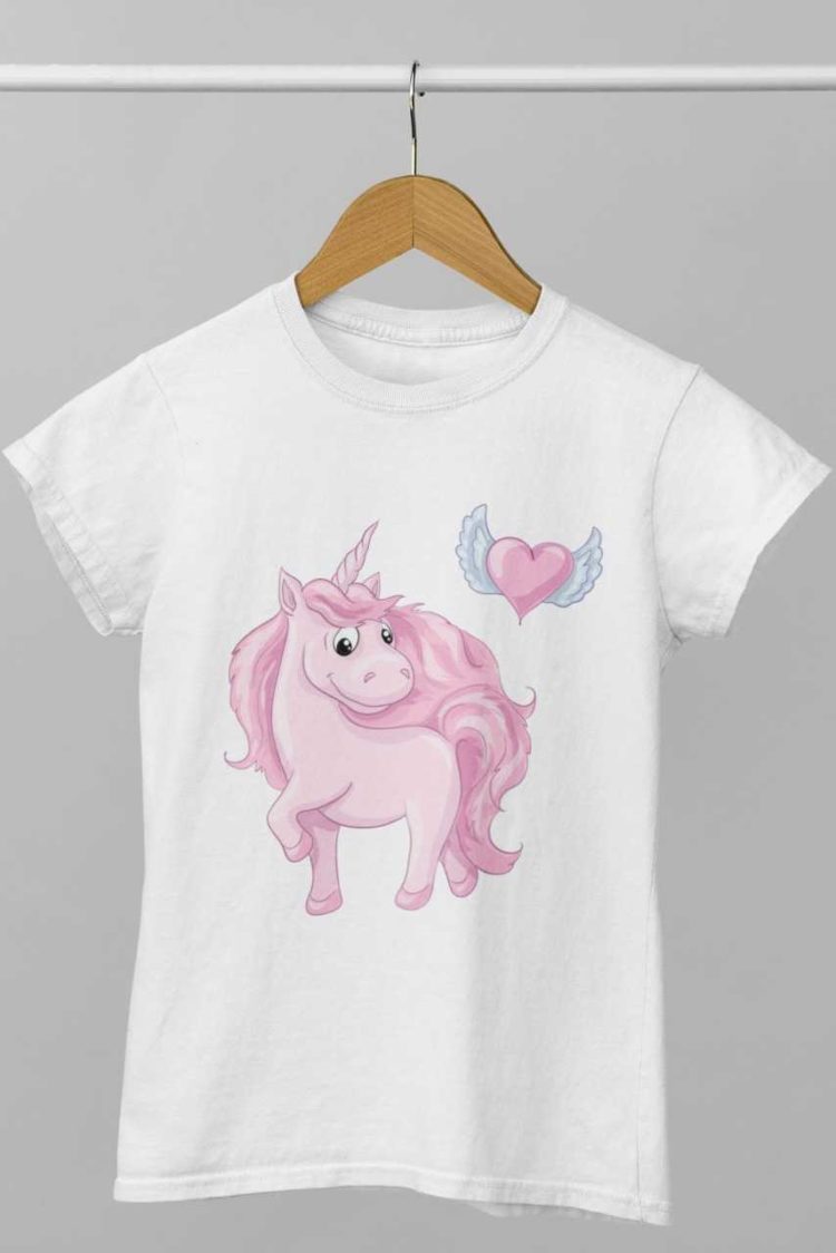 white tshirt with Pink Unicorn with heart with wings