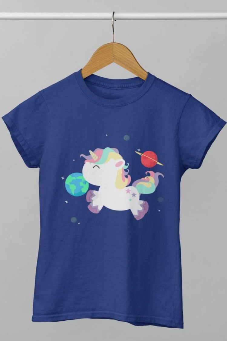 Unicorn in space deep blue tshirt