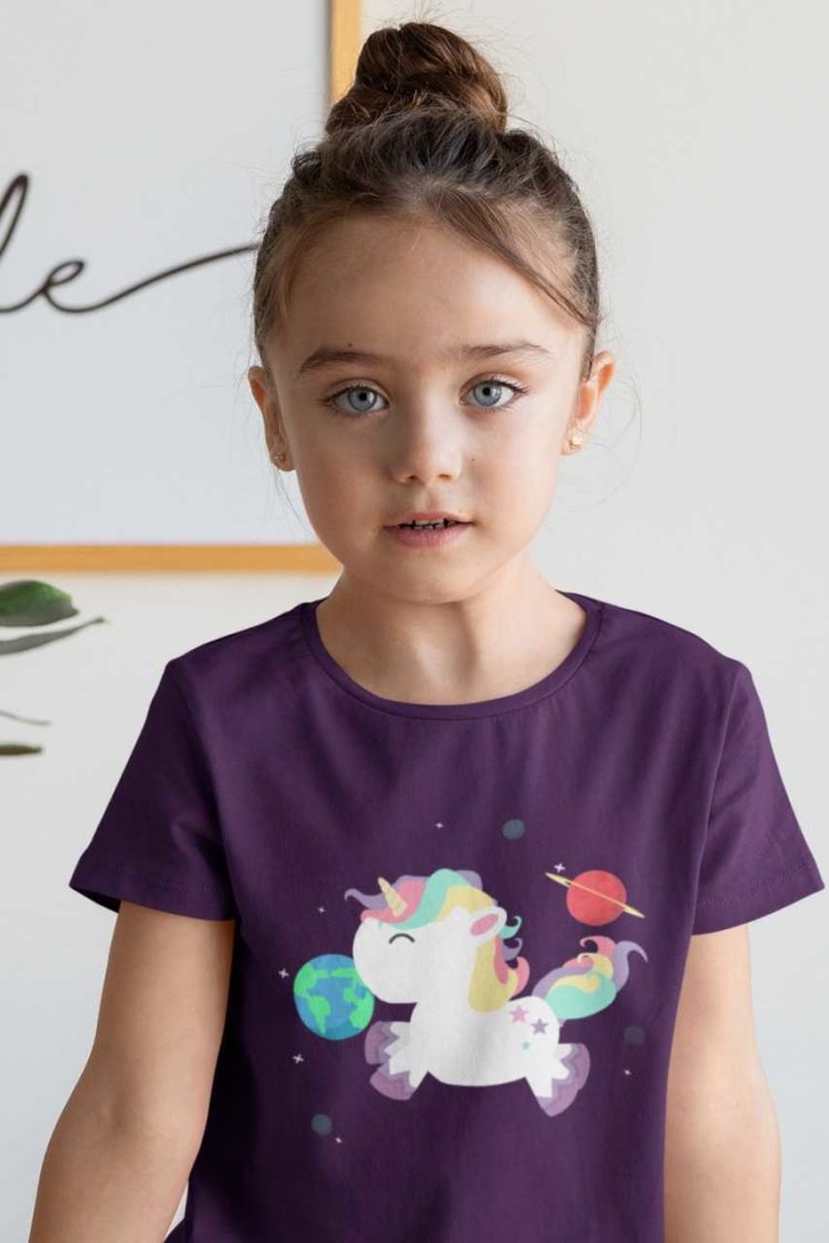 sweet girl in purple Unicorn in space tshirt