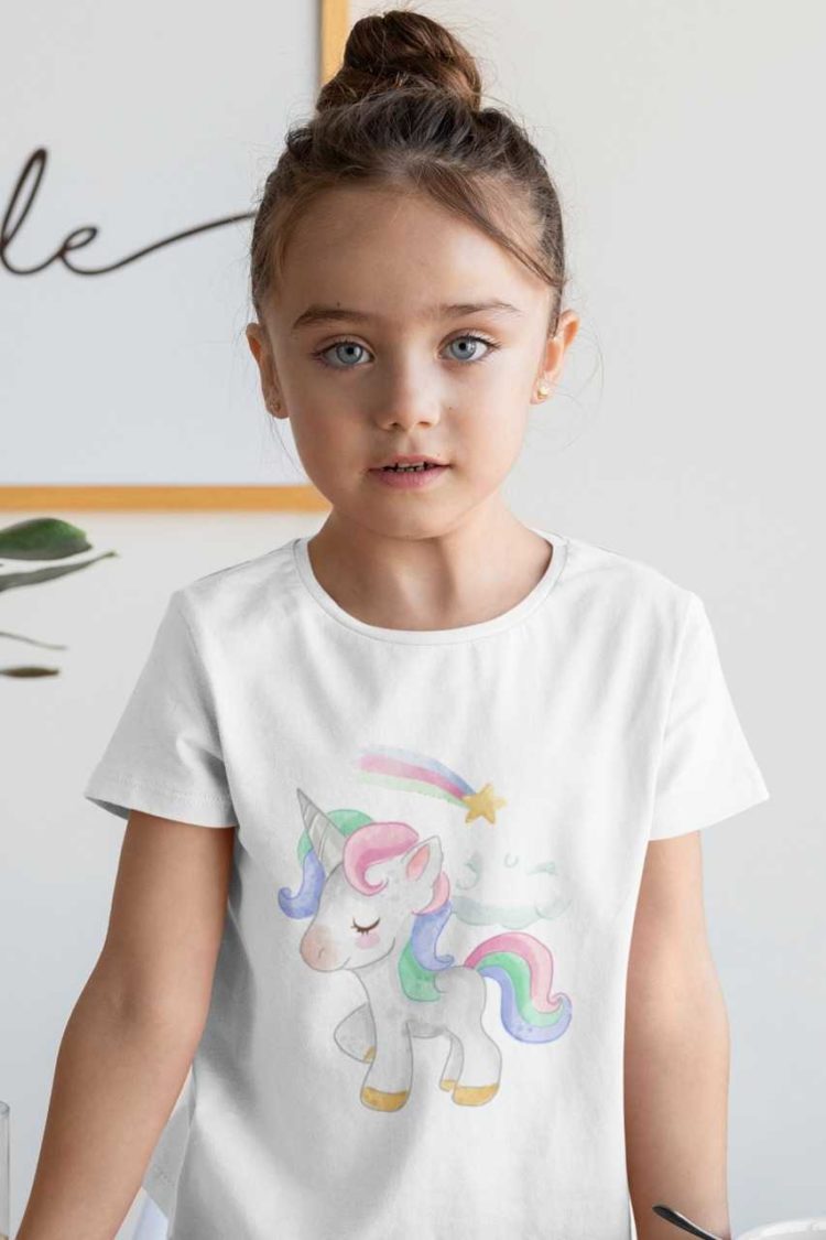 lovely girl in White tshirt with Unicorn with shooting star