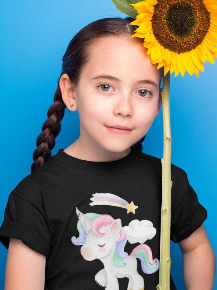 pretty girl in black tshirt with Unicorn with shooting star