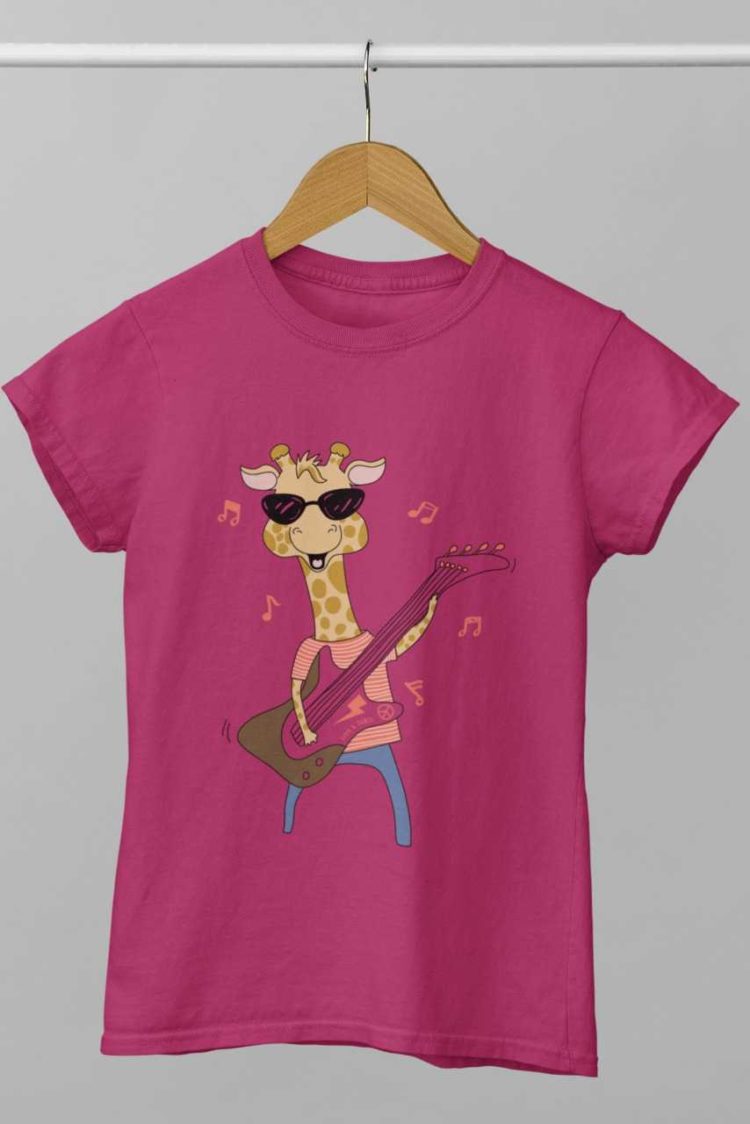 Giraffe playing guitar dark pink tshirt