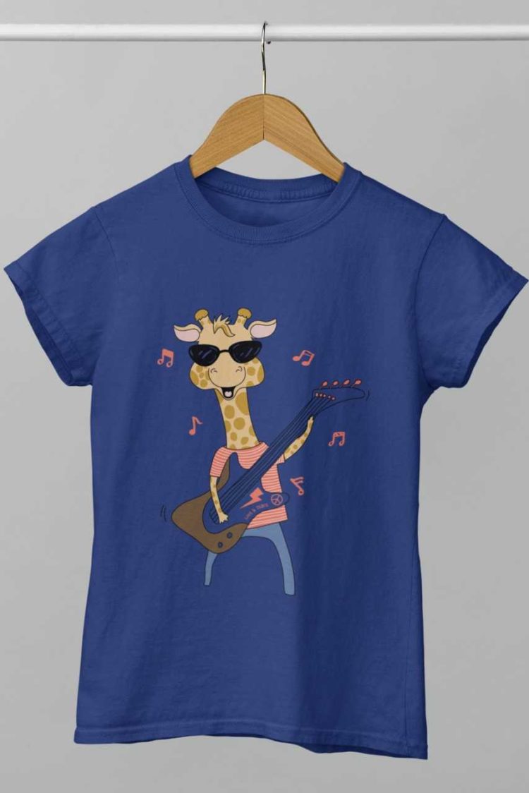 Giraffe playing guitar deep blue tshirt