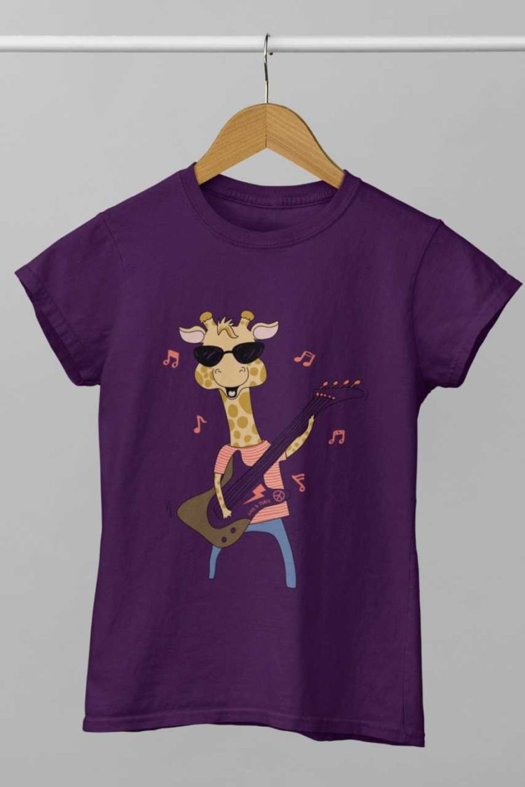 Giraffe playing guitar purple tshirt
