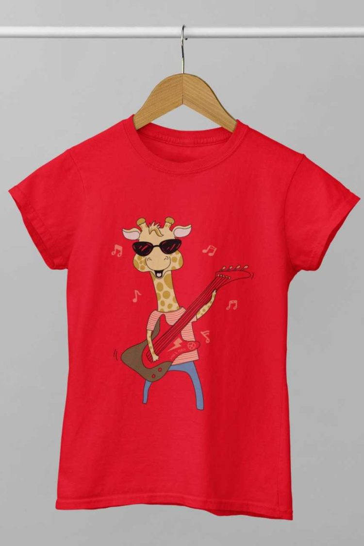 Giraffe playing guitar red tshirt