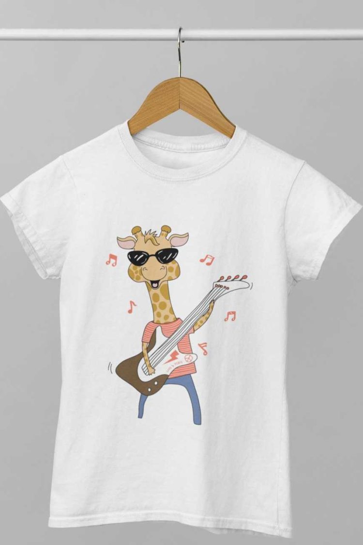 Giraffe playing guitar white tshirt
