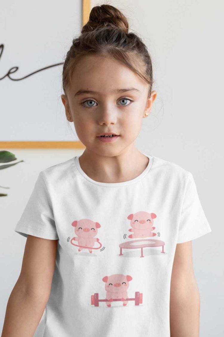 cute girl in white tshirt with Pig exercising