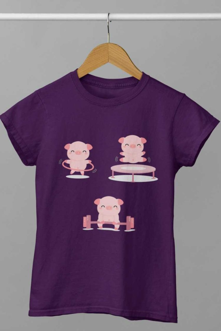 purple tshirt with Pig exercising