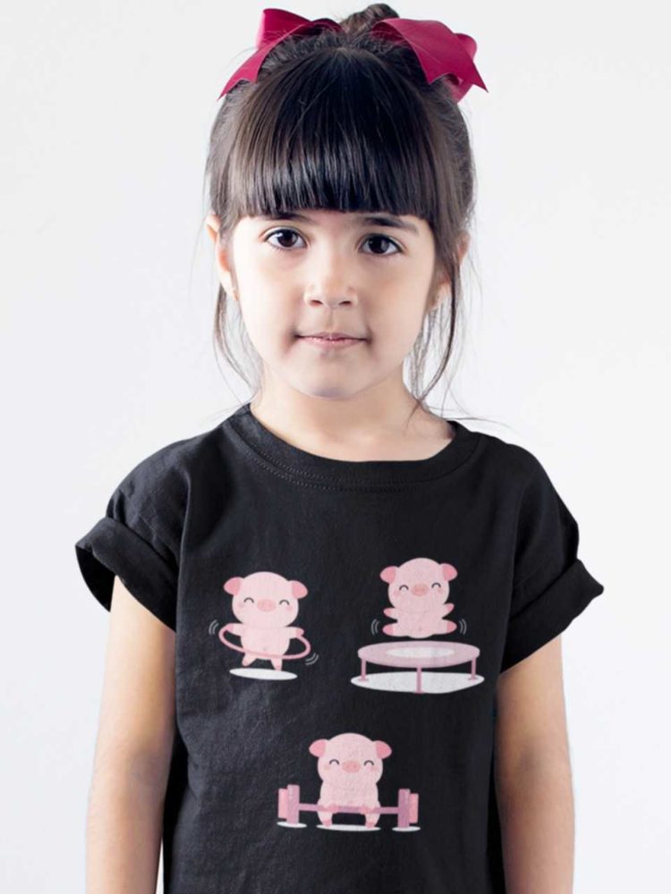 sweet girl in black tshirt with Pig exercising