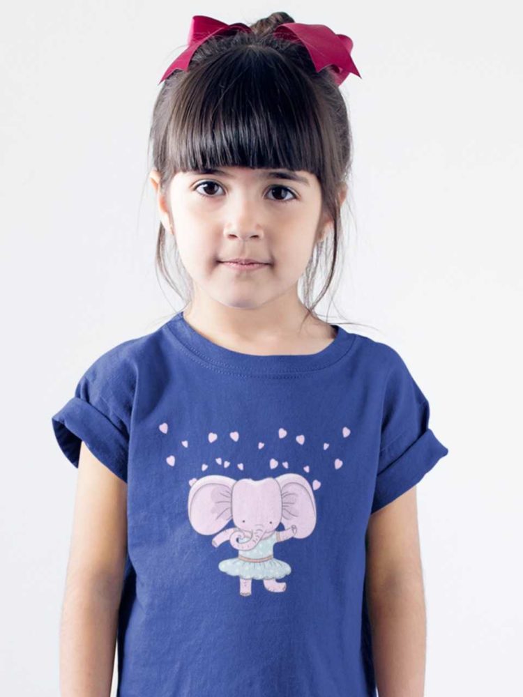 cute girl in deep blue tshirt with an Elephant wearing a dress