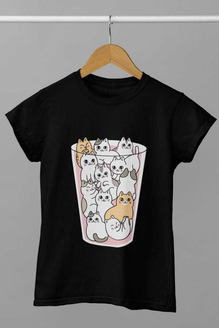 black tshirt with Cats in a glass