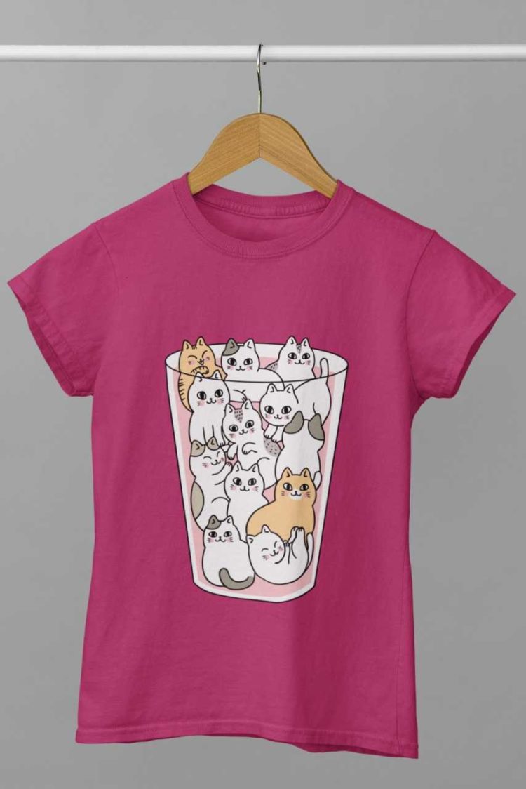 dark pink tshirt with Cats in a glass