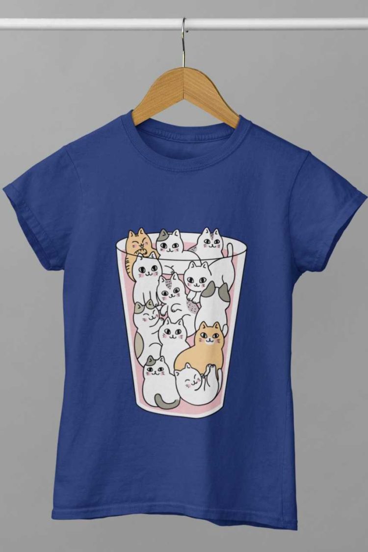 deep blue tshirt with Cats in a glass