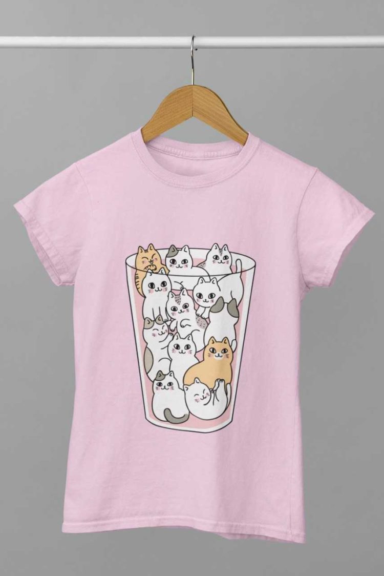 light pink tshirt with Cats in a glass