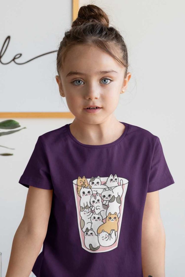 purple tshirt with Cats in a glass