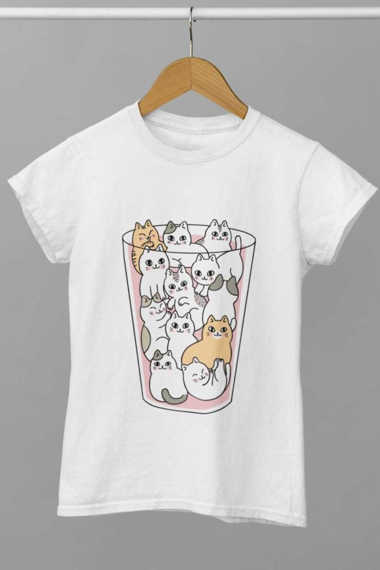 white tshirt with Cats in a glass