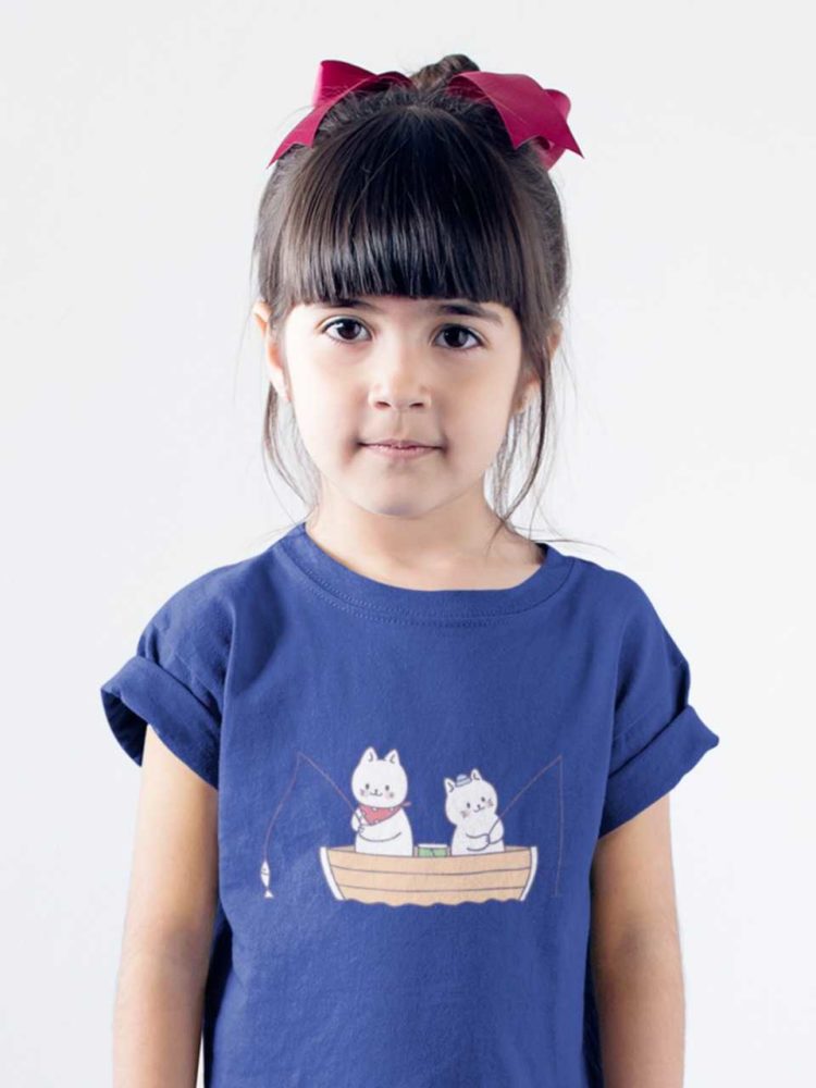 cute girl in deep blue tshirt with Cats in a boat fishing
