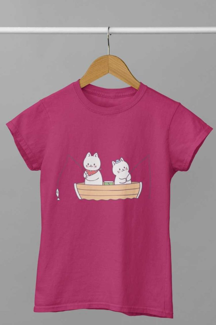 dark pink tshirt with Cats in a boat fishing
