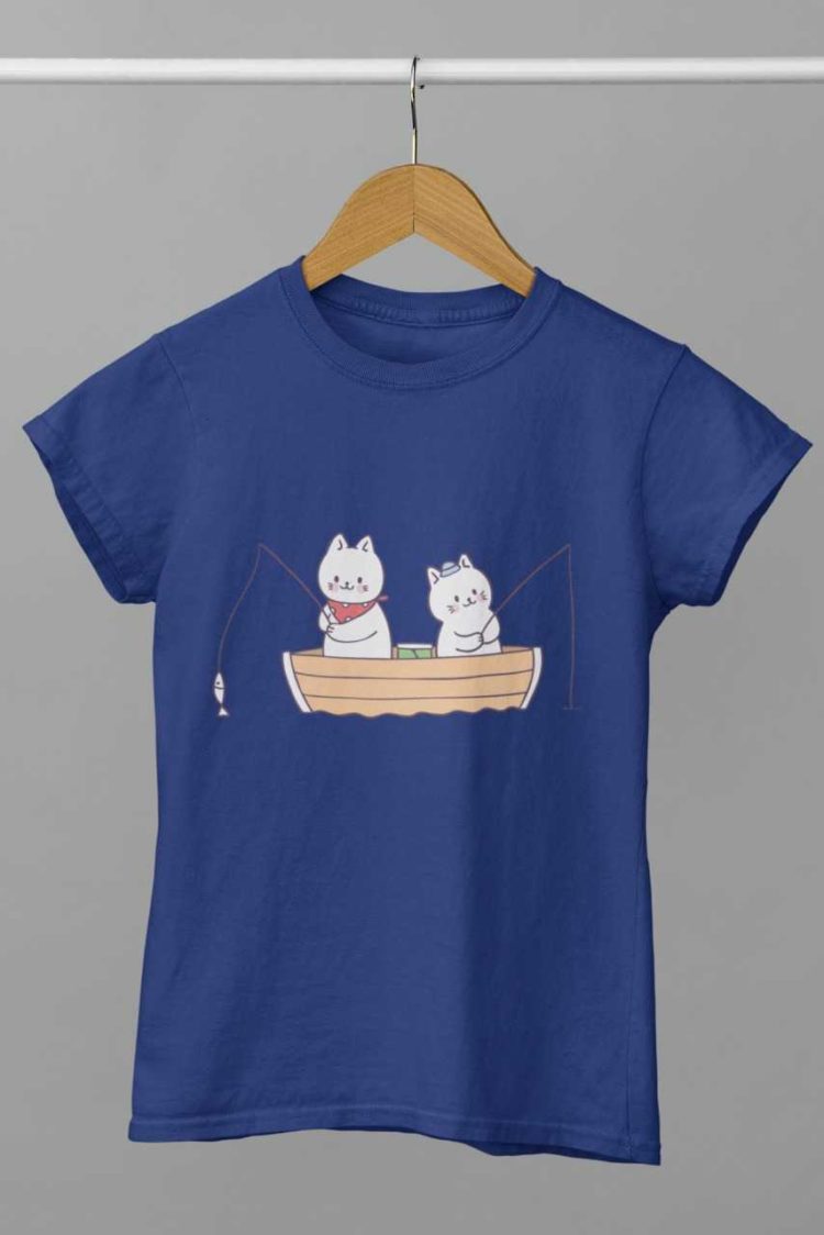deep blue tshirt with Cats in a boat fishing