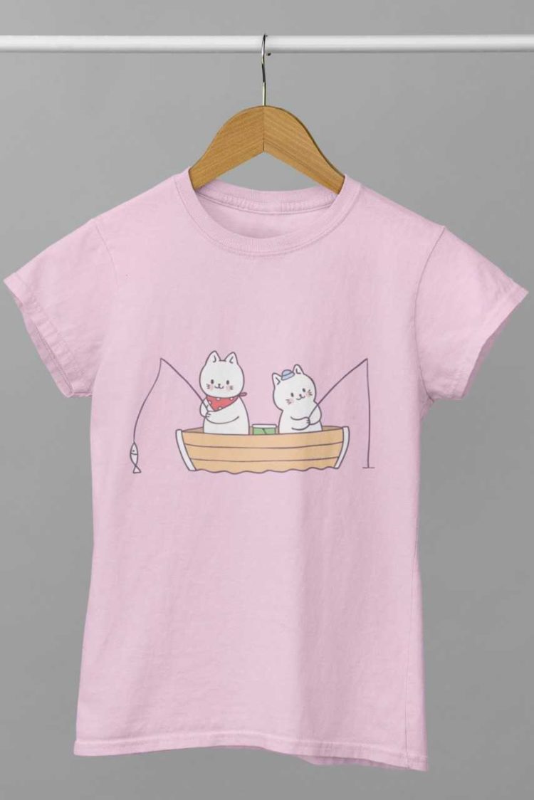 light pink tshirt with Cats in a boat fishing