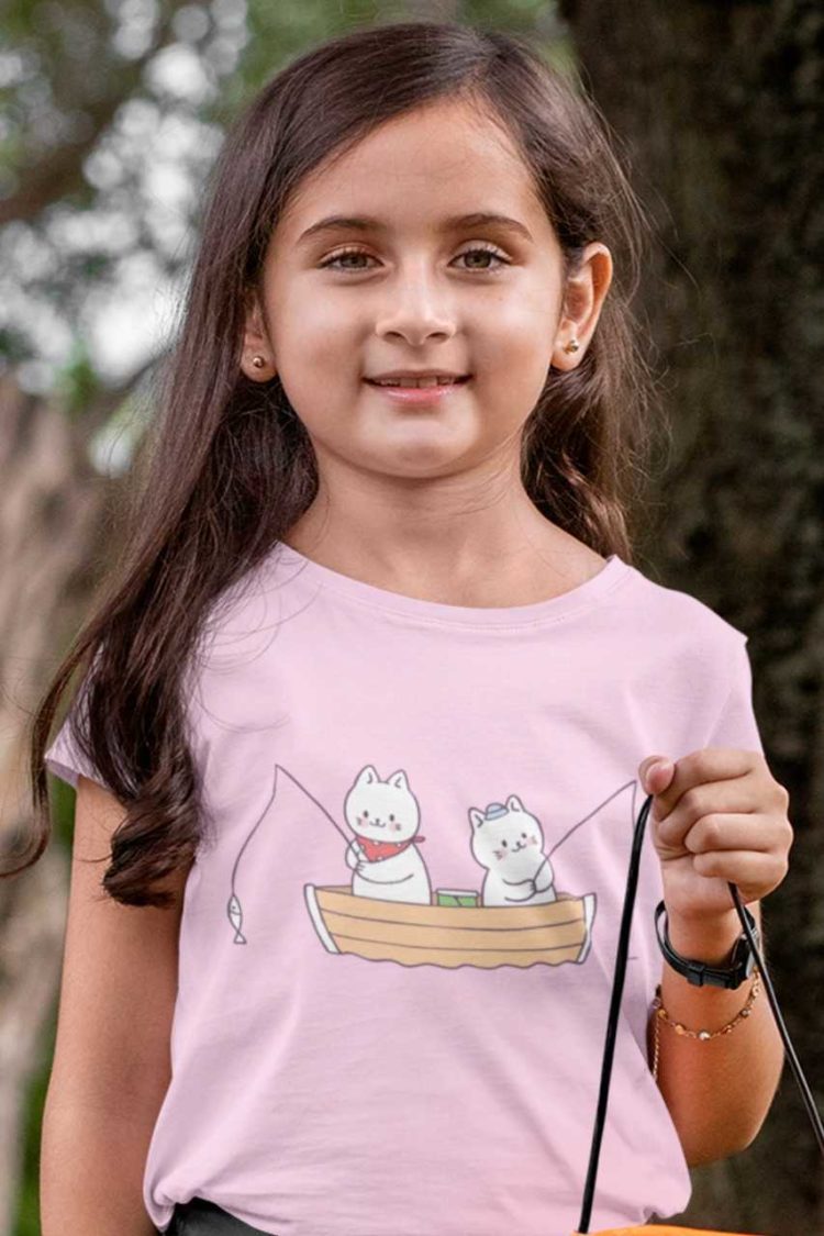 lovely girl in light pink tshirt with Cats in a boat fishing