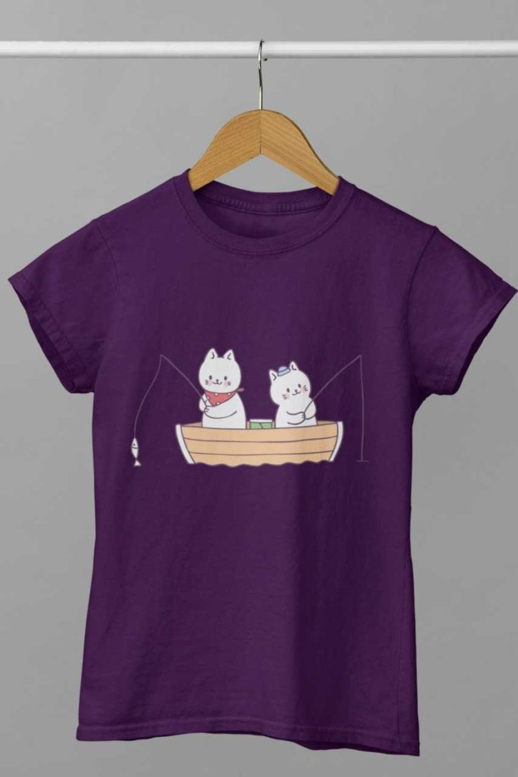 purple tshirt with Cats in a boat fishing
