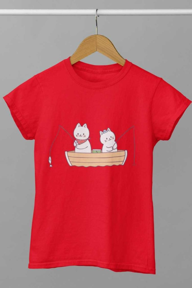 red tshirt with Cats in a boat fishing