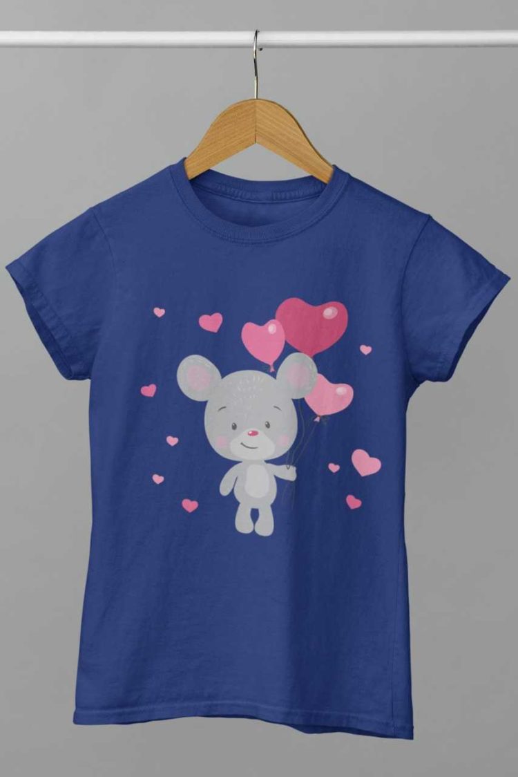 Mouse holding heart balloons on deep blue tshirt