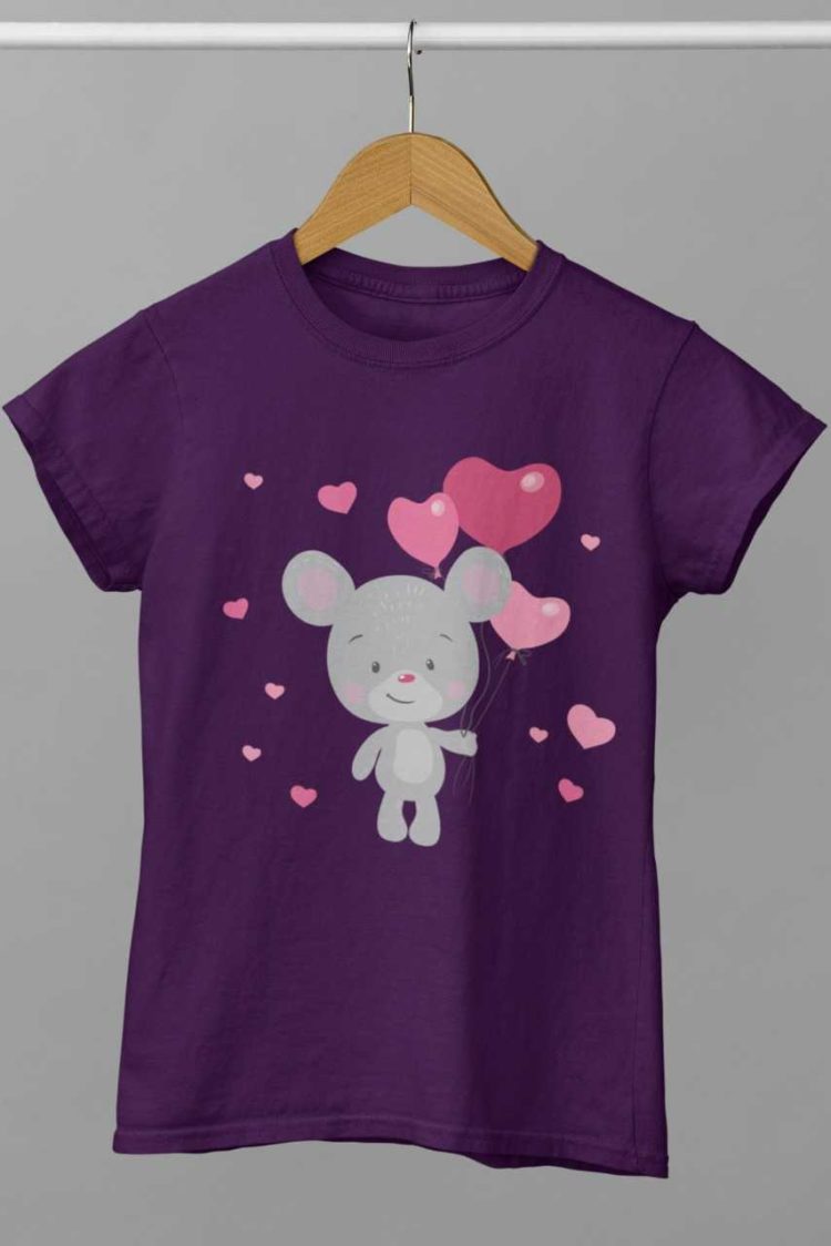 Mouse holding heart balloons on purple tshirt
