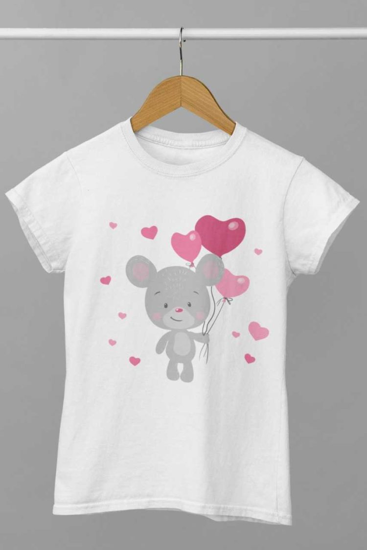 Mouse holding heart balloons on white tshirt