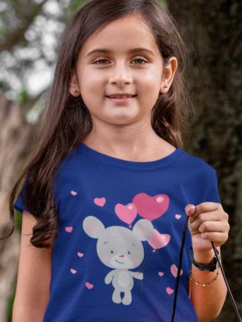 cute girl in deep blue tshirt with a Mouse holding heart balloons