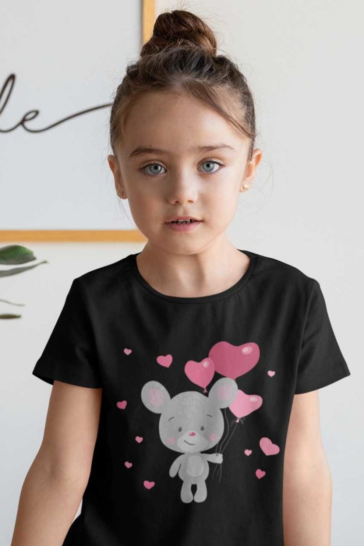 cute girl in black tshirt with Mouse holding heart balloons on