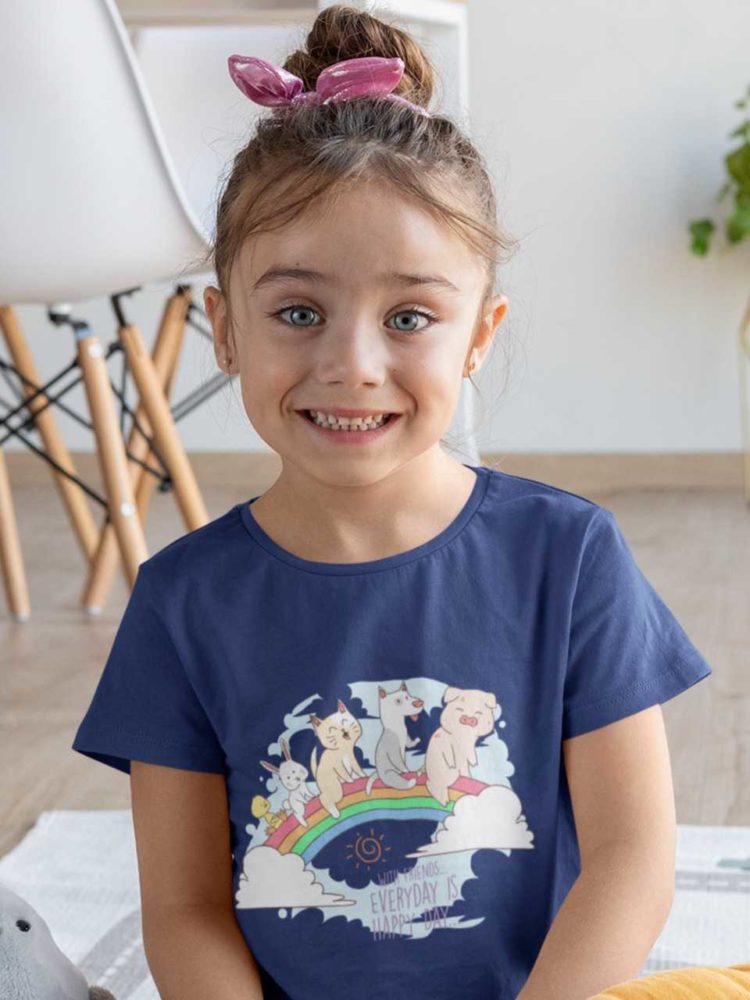beautiful girl in deep blue tshirt with Pig Cat dog bunny duck on rainbow