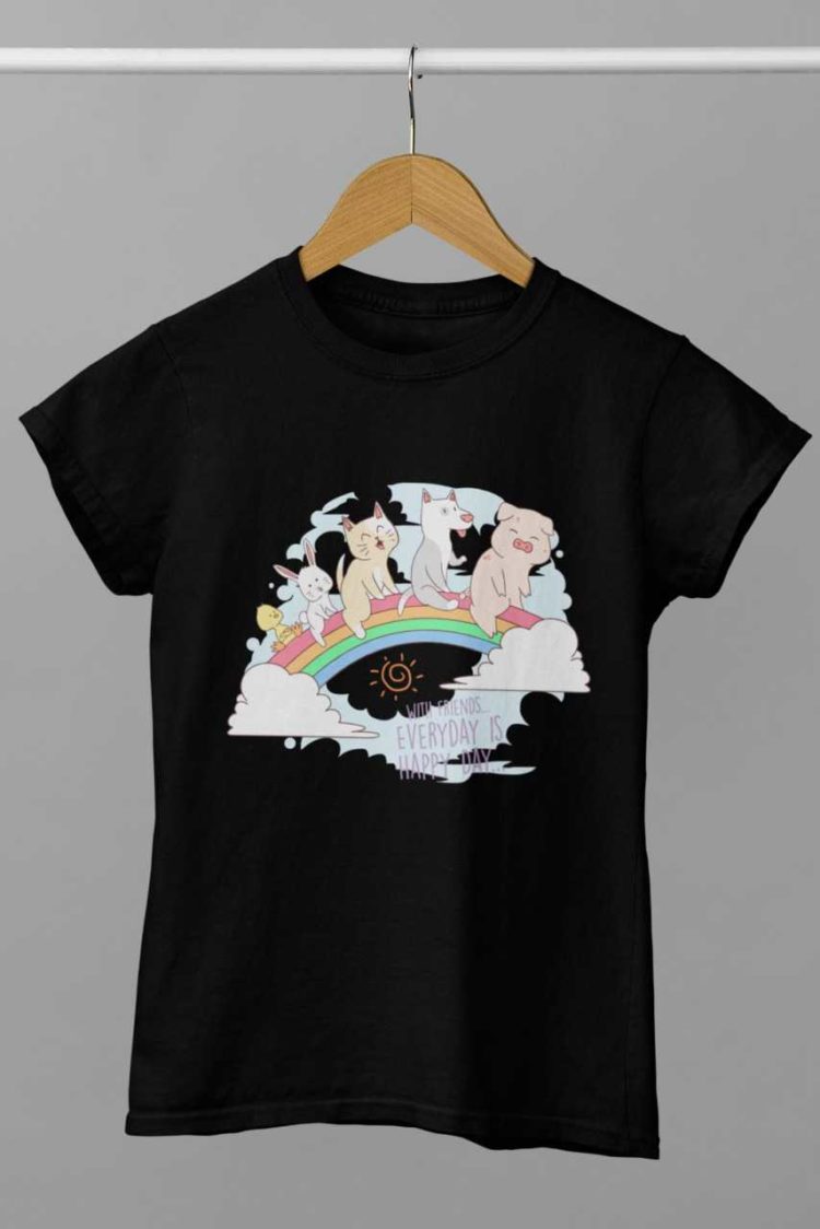 black tshirt with Pig Cat dog bunny duck on rainbow