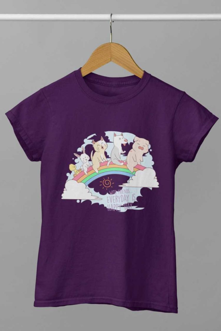 purple tshirt with Pig Cat dog bunny duck on rainbow