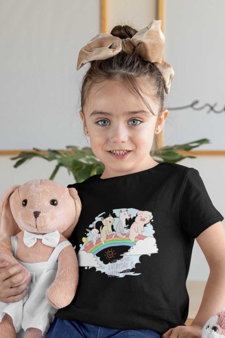 sweet girl in black tshirt with Pig Cat dog bunny duck on rainbow