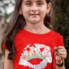 sweet girl in red tshirt with Pig Cat dog bunny duck on rainbow