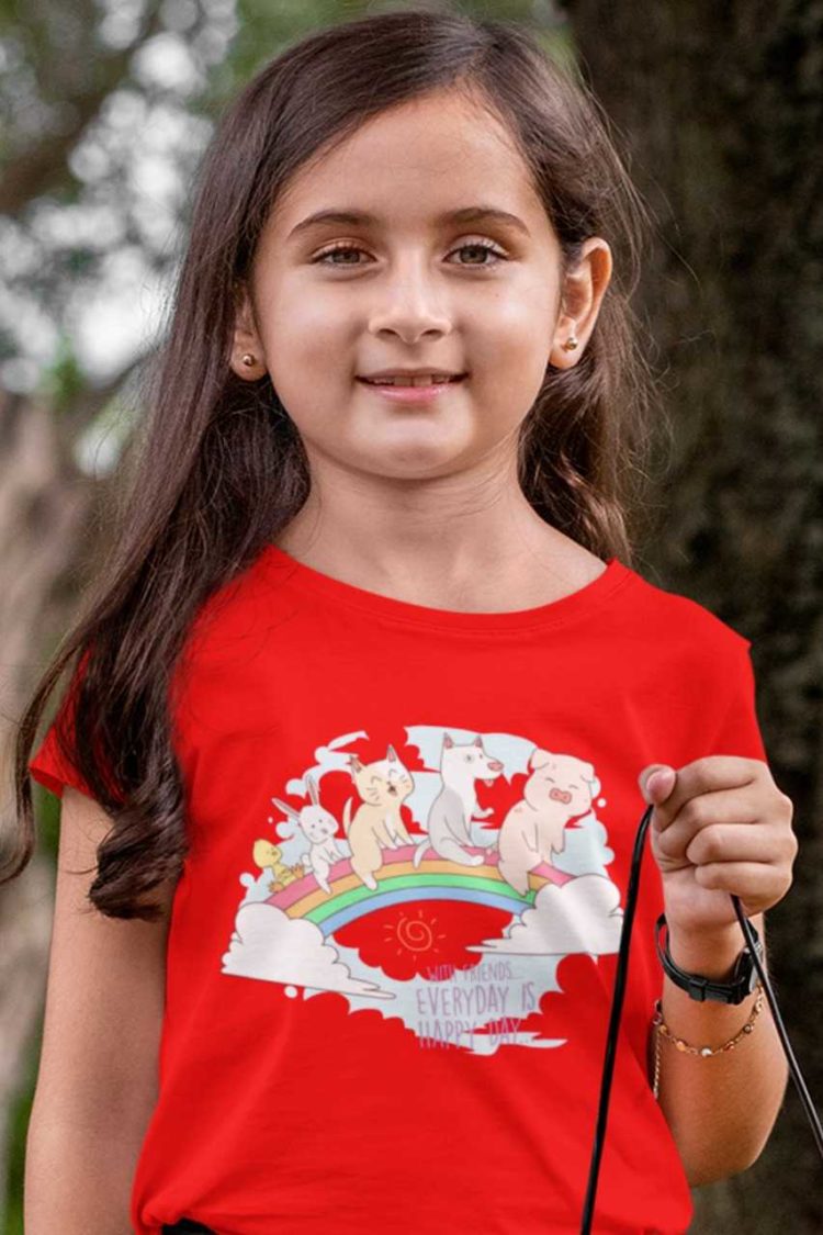sweet girl in red tshirt with Pig Cat dog bunny duck on rainbow